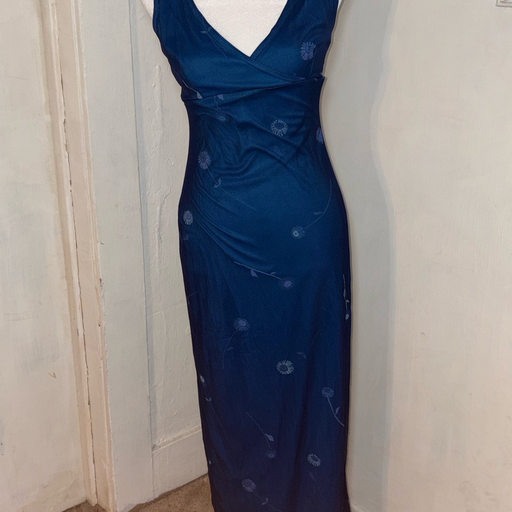 Breakin Love Blue Mesh Maxi Dress Y2K Sheer Floral Criss Cross Back Size 3/4